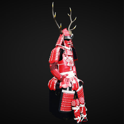 Handmade Life-Size Japanese Yoroi with Sentry Armor Trim and Deer Antlers

