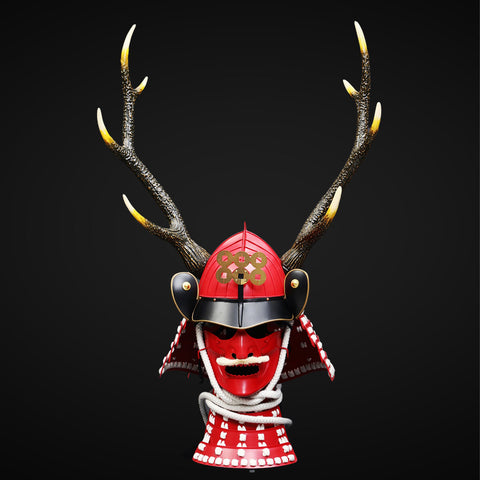 Suit of Armor Concept with Sanada Yukimura's Red Samurai Armor and Deer Antlers

