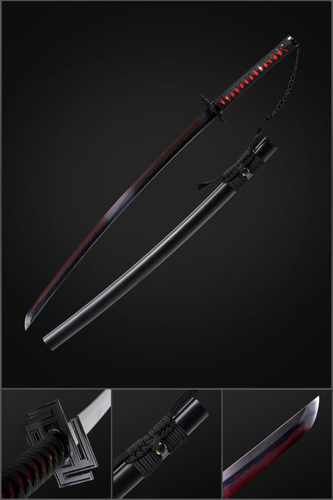 Hand Forged Tensa Zangetsu Bankai Katana – Red & Black Blade, Clay Tempered with Hamon