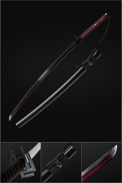 Full front view of hand forged Ichigo Tensa Zangetsu katana, clay tempered 1060 carbon steel blade