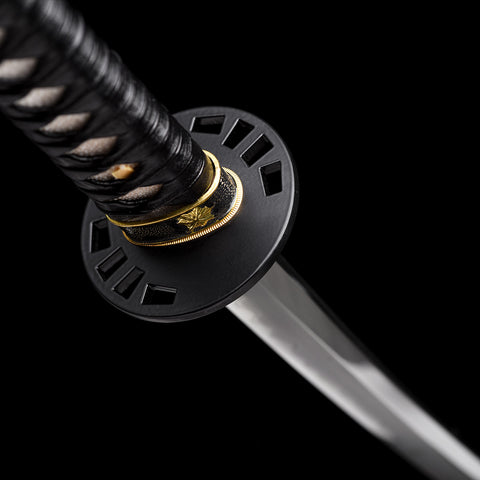 Artistic shot of the katana handle, showing the premium materials and expert wrapping

