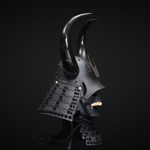 Japanese black Yoroi armor with bull antlers, perfect for samurai enthusiasts and martial arts collectors.

