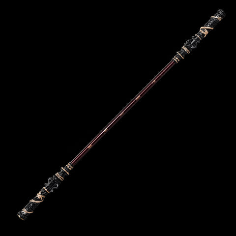 Mounted collectible display of the Wukong replica staff with dramatic lighting, evoking mythological grandeur and power

QQzsjgb