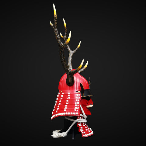 Spire Armor Trim in Life-Size Japanese Red Samurai Armor with Brown Deer Antlers

