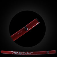 Colorful flowers on dark red base saya with Buffalo Horn