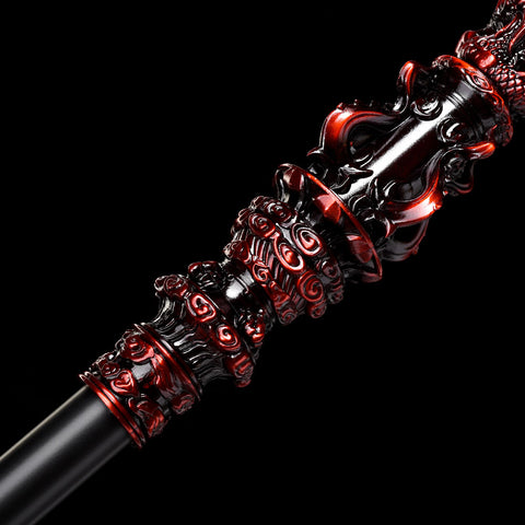 Side perspective of full-size Ruyi Jingu Bang staff, showing realistic scale and contrasting black, red, and gold color scheme

QQhsjgb