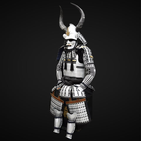 Life-size Yoroi silver samurai armor, resembling Fallout 4 power armor in craftsmanship and durability.

