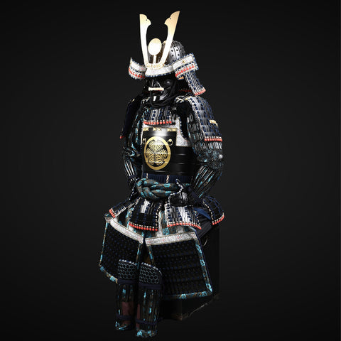 Daedric Armor-Inspired Detailing in Tokugawa Clan Black & Blue Samurai Yoroi with Helmet

