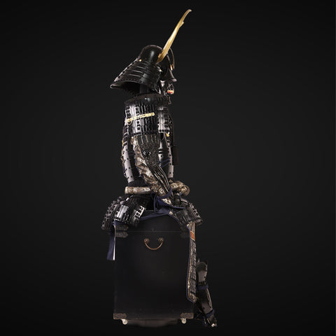Black Samurai Armor with Golden Antler in the Style of Fallout Power Armor

