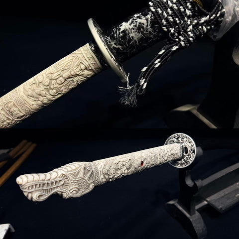 Traditional tsuka ito wrapping on the bone handle of a hand forged Japanese katana-SL-1228-U