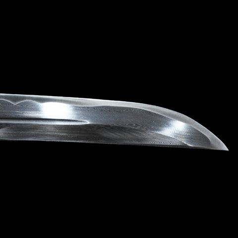  Dark red lacquered tanto sword featuring a finely folded steel blade and an ornate alloy tsuba.