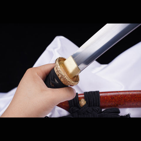Hand Forged Japanese Tanto Sword Short Sword T10 Steel Clay Tempered Copper Tsuba-COOLKATANA-ZS-0091-U