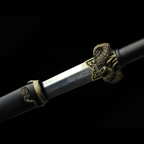 Handmade Chinese Sword TieBing Sword Hand Carved Pine Trees Folded Steel Blade Ebony Scabbard-COOLKATANA