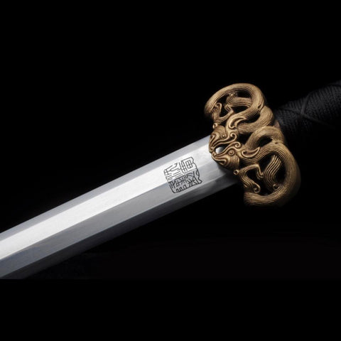 Handmade Chinese Sword Double Dragon Han Jian Folded Steel Blade Ebony Scabbard-COOLKATANA-SL-6009-U