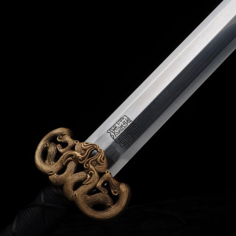 Handmade Chinese Sword Double Dragon Han Jian Folded Steel Blade Ebony Scabbard - COOLKATANA 