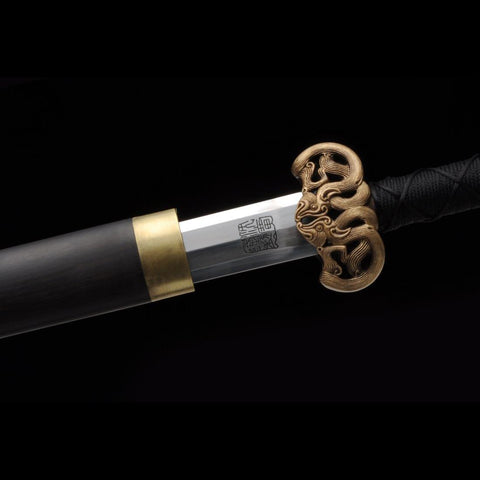 Handmade Chinese Sword Double Dragon Han Jian Folded Steel Blade Ebony Scabbard-COOLKATANA-SL-6009-U