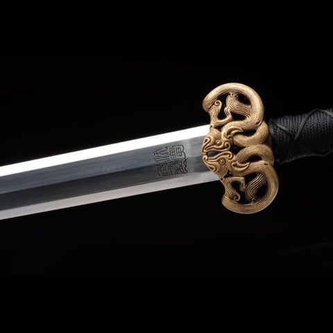 Handmade Chinese Sword Double Dragon Han Jian Folded Steel Blade Ebony Scabbard-COOLKATANA