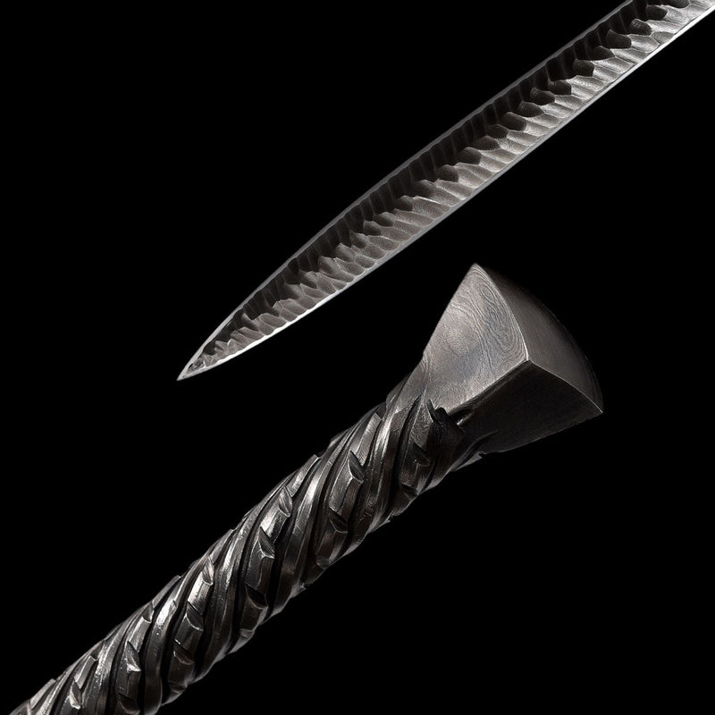 Hand Forged European Sword Spear Sword Folded Steel Maroon Leather Scabbard - COOLKATANA 
