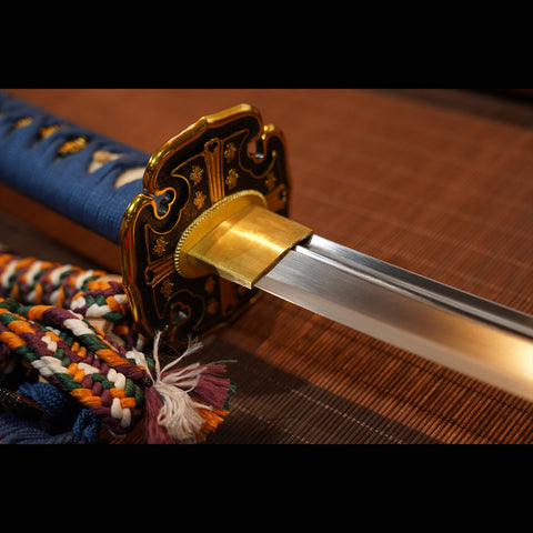 Hand Forged Japanese Tachi Samurai Sword Folded Steel Clay Tempered Gold/Silver Plated Copper Tsuba-COOLKATANA