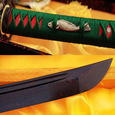 Hand Forged Japanese Samurai Katana Sword Damascus Folded Steel Reddish Black Blade Copper Fish Tsuba-COOLKATANA
