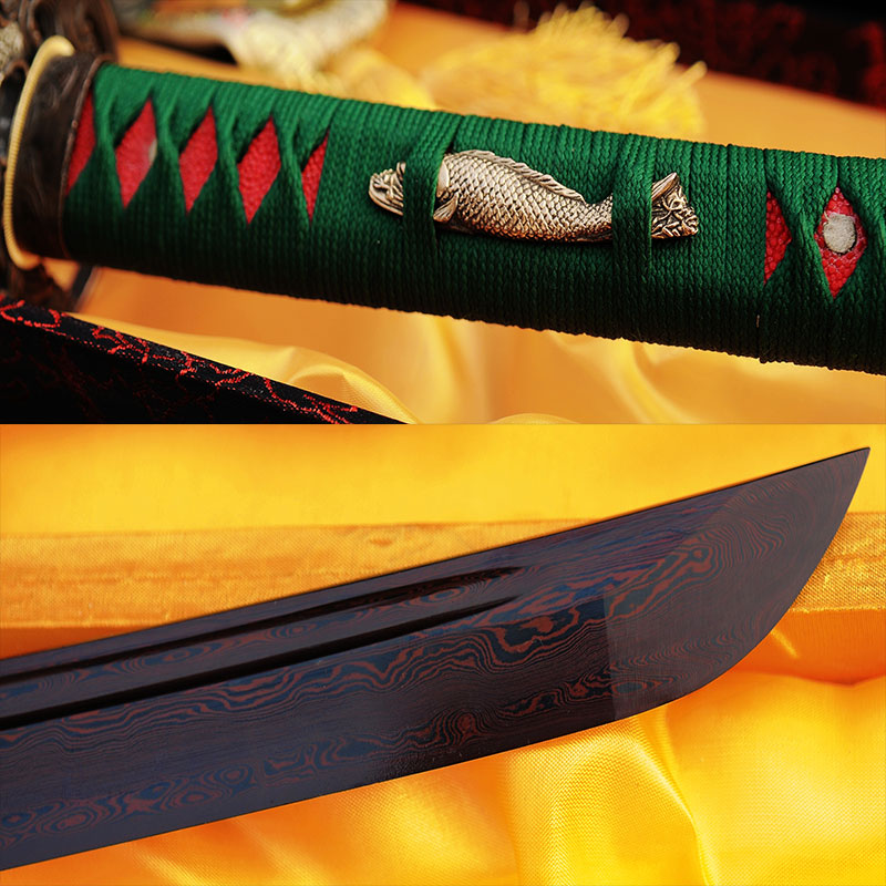 Hand Forged Japanese Samurai Katana Sword Damascus Folded Steel Reddish Black Blade Copper Fish Tsuba - COOLKATANA 