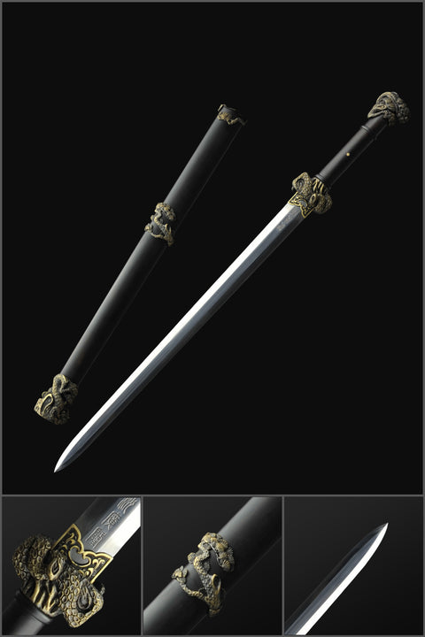Handmade Chinese Sword TieBing Sword Hand Carved Pine Trees Folded Steel Blade Ebony Scabbard-COOLKATANA-SL-3018-U