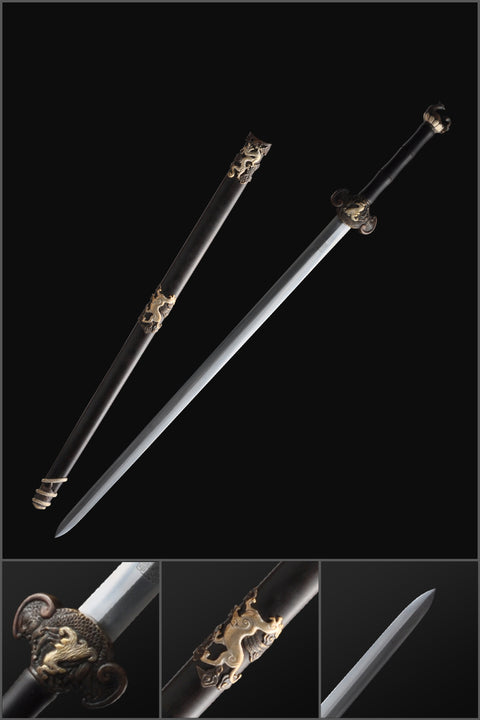 Handmade Chinese Sword Four-Holy-Animal Sword Folded Steel Blade Ebony Scabbard-COOLKATANA-SL-3077-U