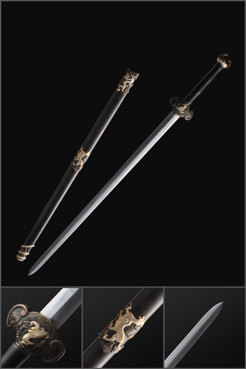 Handmade Chinese Sword Four-Holy-Animal Sword Folded Steel Blade Ebony Scabbard-COOLKATANA