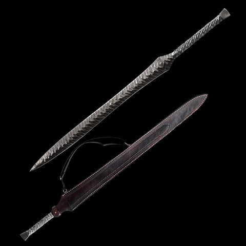 Hand Forged European Sword Spear Sword Folded Steel Maroon Leather Scabbard-COOLKATANA