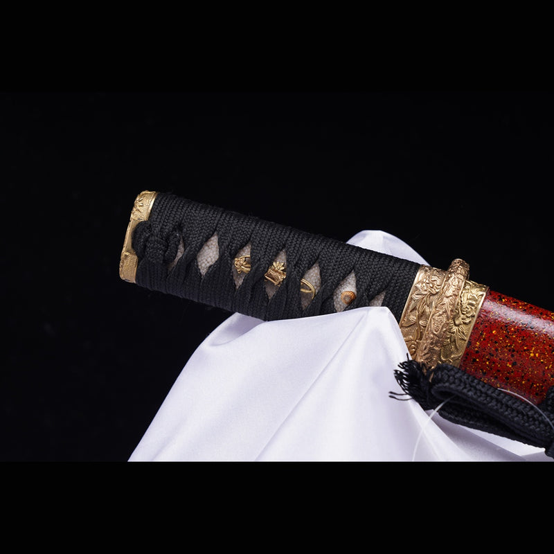 Hand Forged Japanese Tanto Sword Short Sword T10 Steel Clay Tempered Copper Tsuba - COOLKATANA 