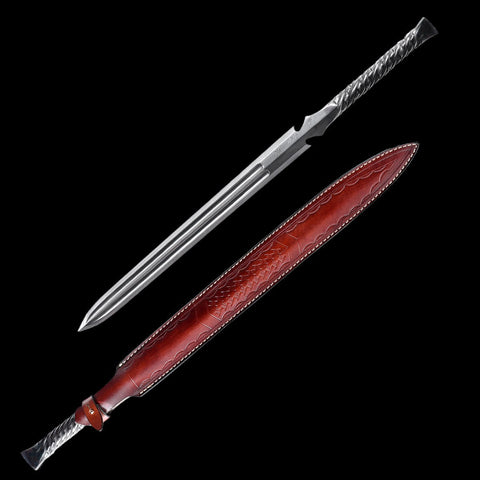 Hand Forged European Sword Spear Sword Folded Steel Red Leather Scabbard-COOLKATANA