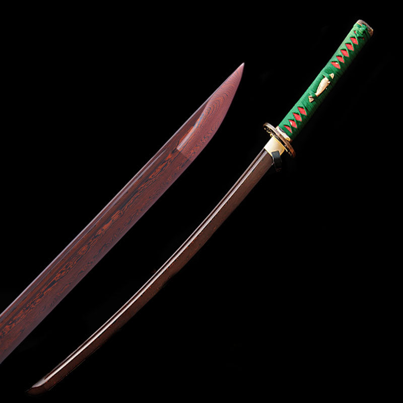 Hand Forged Japanese Samurai Katana Sword Damascus Folded Steel Reddish Black Blade Copper Fish Tsuba - COOLKATANA 