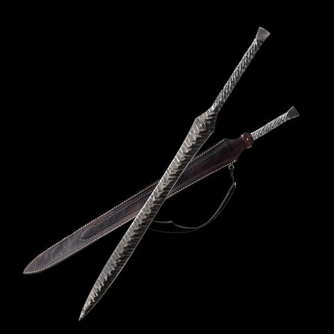 Hand Forged European Sword Spear Sword Folded Steel Maroon Leather Scabbard-COOLKATANA