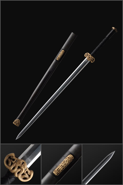 Handmade Chinese Sword Double Dragon Han Jian Folded Steel Blade Ebony Scabbard-COOLKATANA