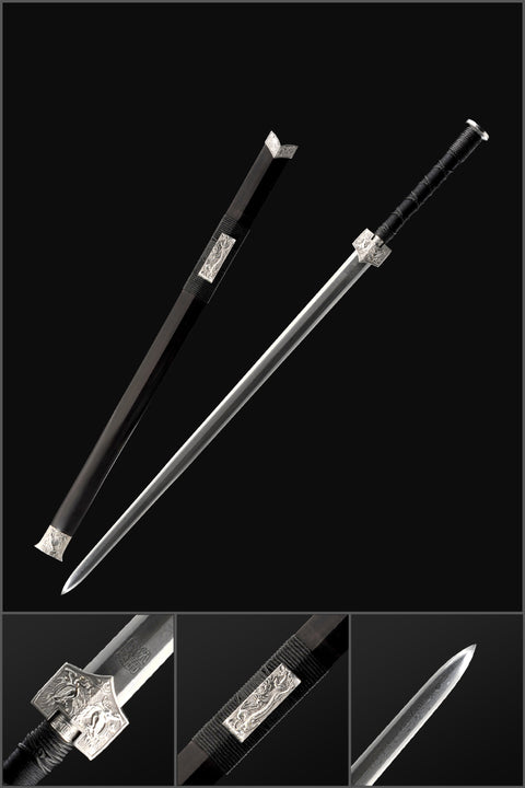 Handmade Chinese Sword Four-Holy-Animal Han Jian Folded Steel Eight-Sided Blade Ebony Scabbard-COOLKATANA