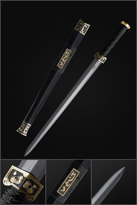 Handmade Chinese Sword Moire Han Jian Folded steel Eight-sided Blade Ebony Scabbard-COOLKATANA