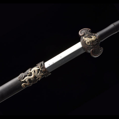 Handmade Chinese Sword Four-Holy-Animal Sword Folded Steel Blade Ebony Scabbard-COOLKATANA