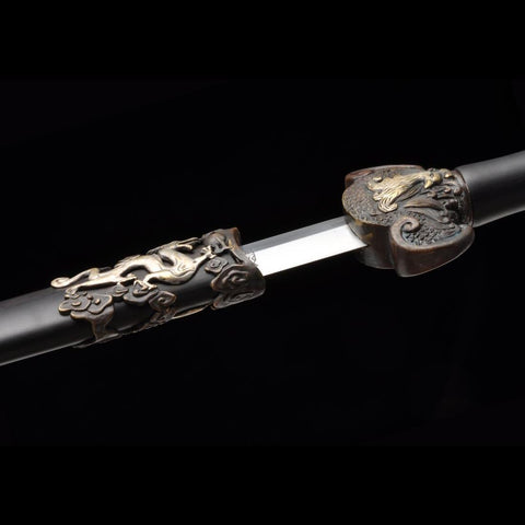 Handmade Chinese Sword Four-Holy-Animal Sword Folded Steel Blade Ebony Scabbard-COOLKATANA