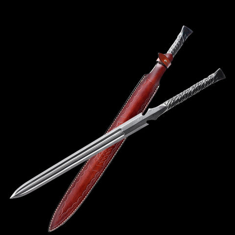 Hand Forged European Sword Spear Sword Folded Steel Red Leather Scabbard-COOLKATANA-SL-1391-U
