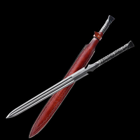 Hand Forged European Sword Spear Sword Folded Steel Red Leather Scabbard-COOLKATANA