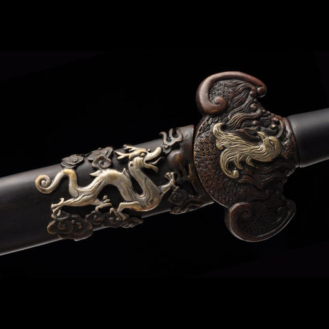 Handmade Chinese Sword Four-Holy-Animal Sword Folded Steel Blade Ebony Scabbard-COOLKATANA