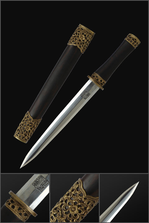 Handmade Chinese Sword Mini Longquan Short Sword Folded Steel Blade Ebony Scabbard-COOLKATANA-SL-7006-U