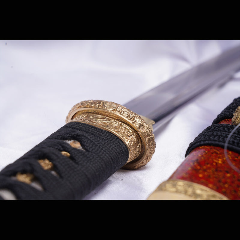 Hand Forged Japanese Tanto Sword Short Sword T10 Steel Clay Tempered Copper Tsuba - COOLKATANA 