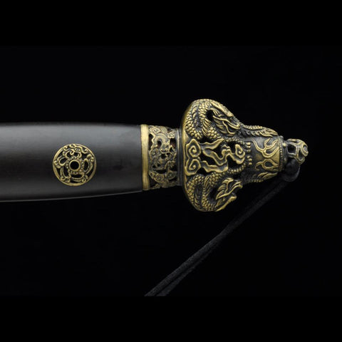 Handmade Chinese Sword Nine Dragon Jian Folded Steel Blade Tamron Figure Ebony Scabbard-COOLKATANA