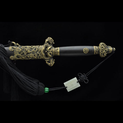 Handmade Chinese Sword Nine Dragon Jian Folded Steel Blade Tamron Figure Ebony Scabbard-COOLKATANA