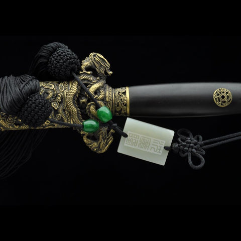 Handmade Chinese Sword Nine Dragon Jian Folded Steel Blade Tamron Figure Ebony Scabbard-COOLKATANA