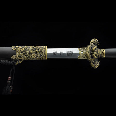 Handmade Chinese Sword Nine Dragon Jian Folded Steel Blade Tamron Figure Ebony Scabbard-COOLKATANA-SL-3057-U