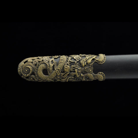 Handmade Chinese Sword Nine Dragon Jian Folded Steel Blade Tamron Figure Ebony Scabbard-COOLKATANA-SL-3057-U