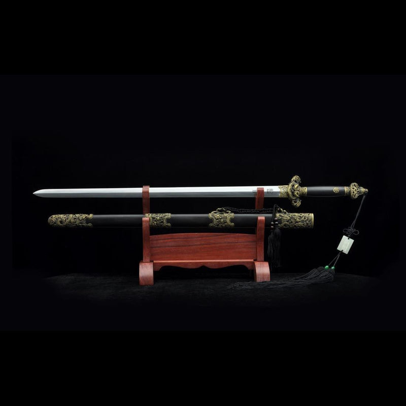 Handmade Chinese Sword Nine Dragon Jian Folded Steel Blade Tamron Figure Ebony Scabbard - COOLKATANA 