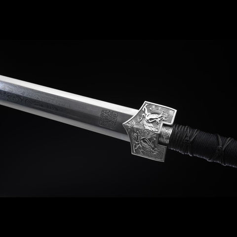 Handmade Chinese Sword Four-Holy-Animal Han Jian Folded Steel Eight-Sided Blade Ebony Scabbard-COOLKATANA-SL-6051-U